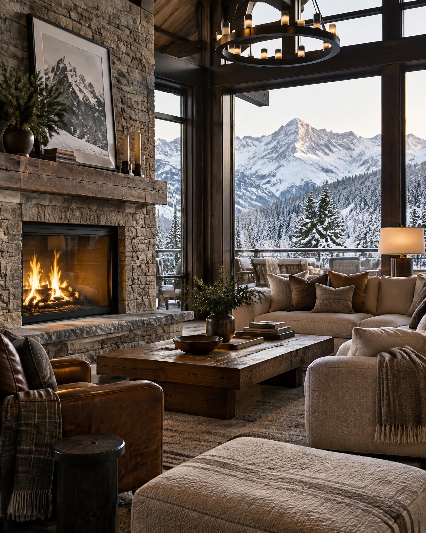 Luxury mountain lounge with a stone fireplace, wool and leather textures and snowy peaks through tall windows