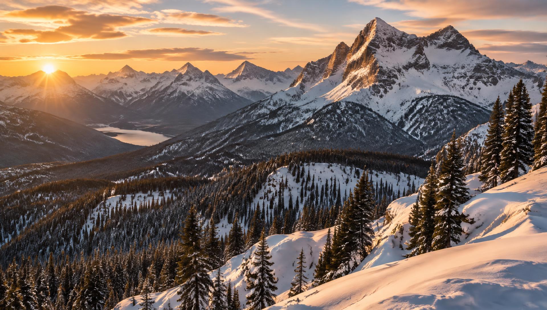 Snow-covered Montana mountain range at golden hour above an evergreen forest
