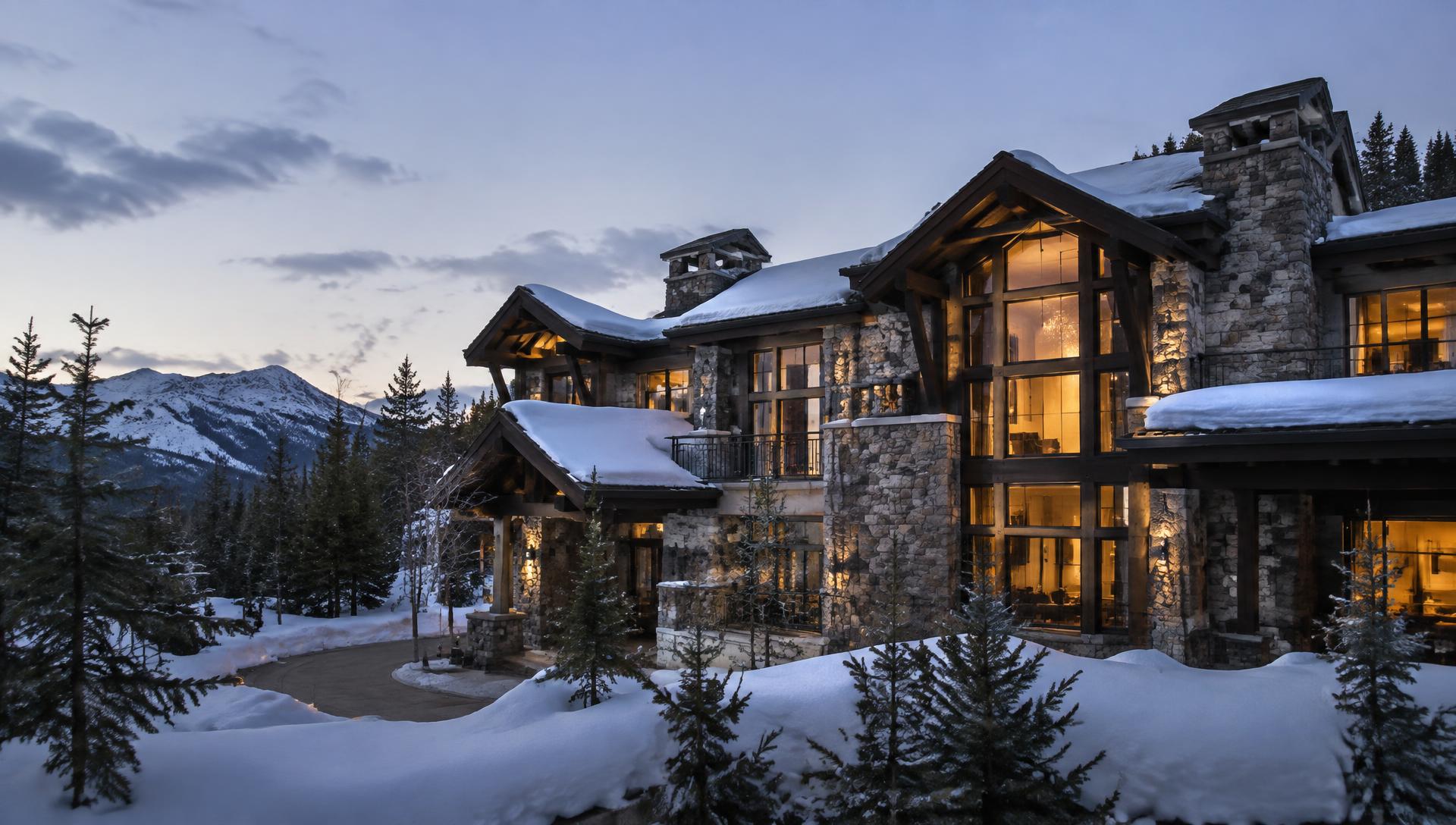 Stone and timber mountain lodge at dusk with warm light in tall windows and snow-covered pines