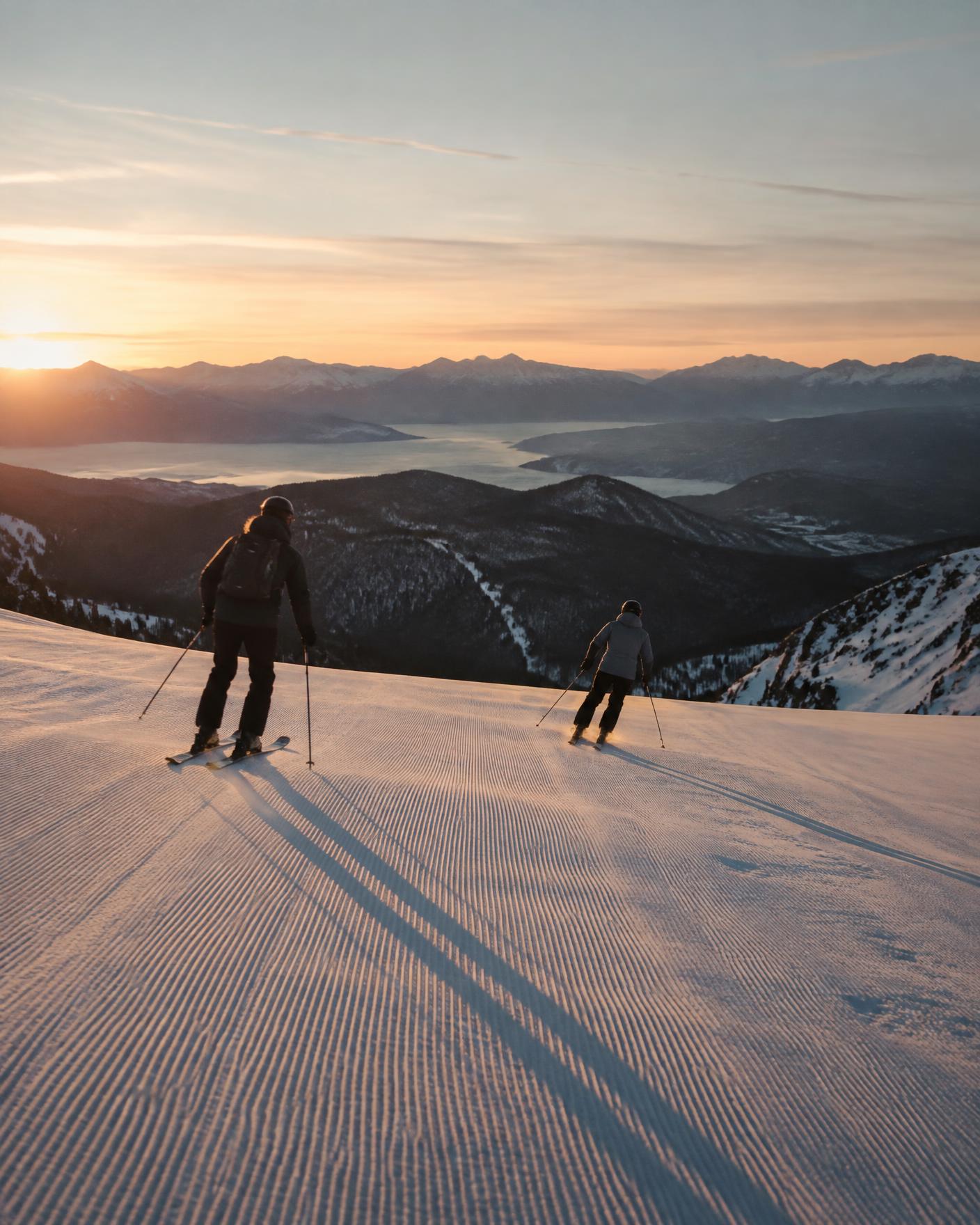 Two skiers on an empty groomed run at first light with distant peaks beyond