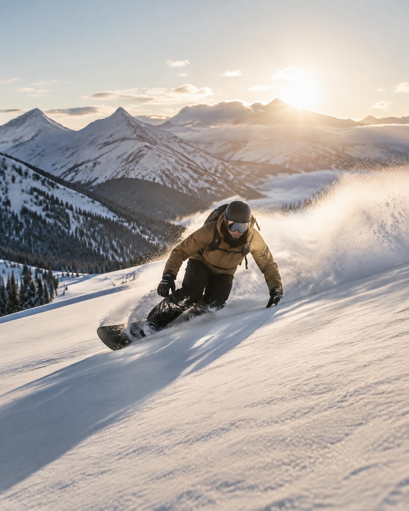 Snowboarder carving deep powder on an open mountain face in backlit winter sun