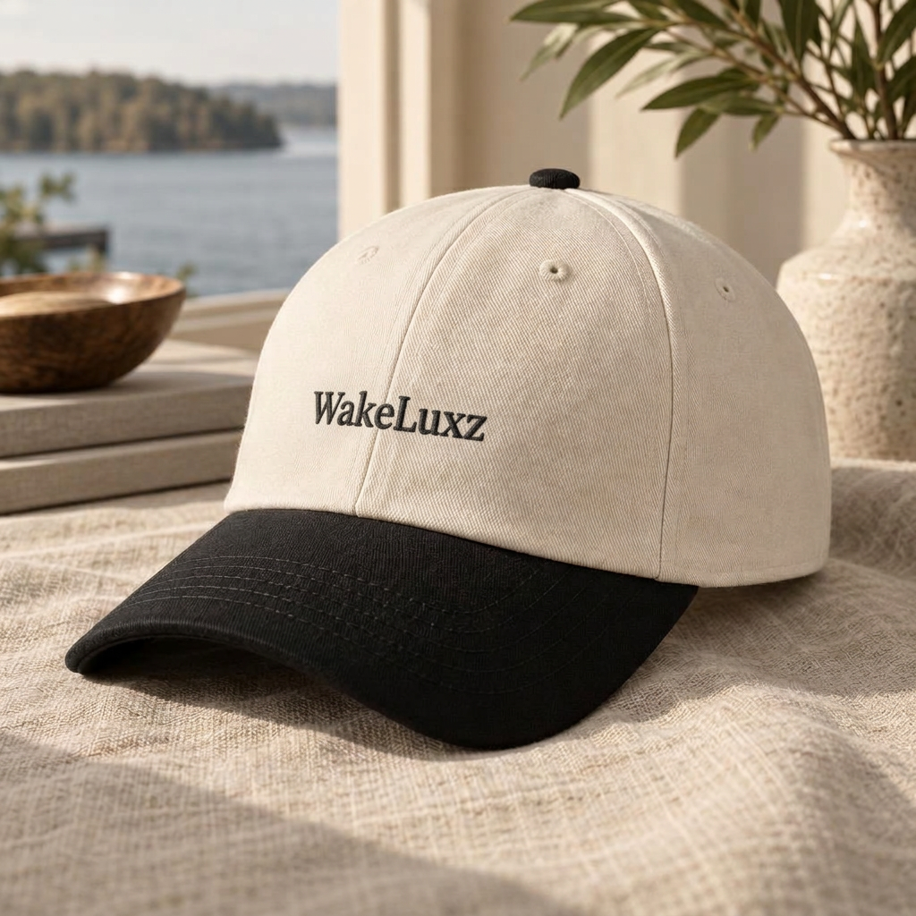 Premium cream and black WakeLuxz cap styled by a lake house window