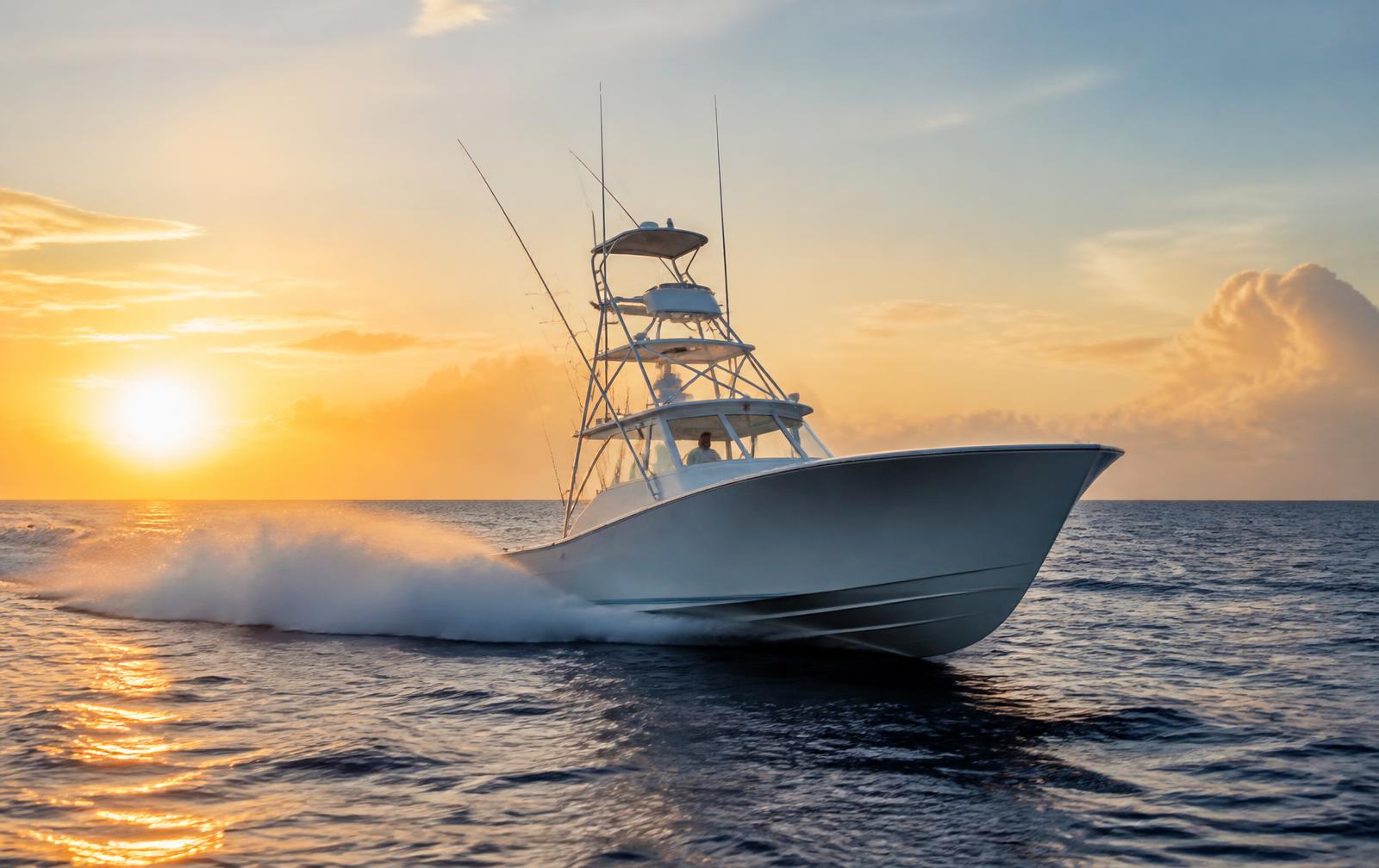 Offshore sportfishing boat running at speed through deep blue water at dawn