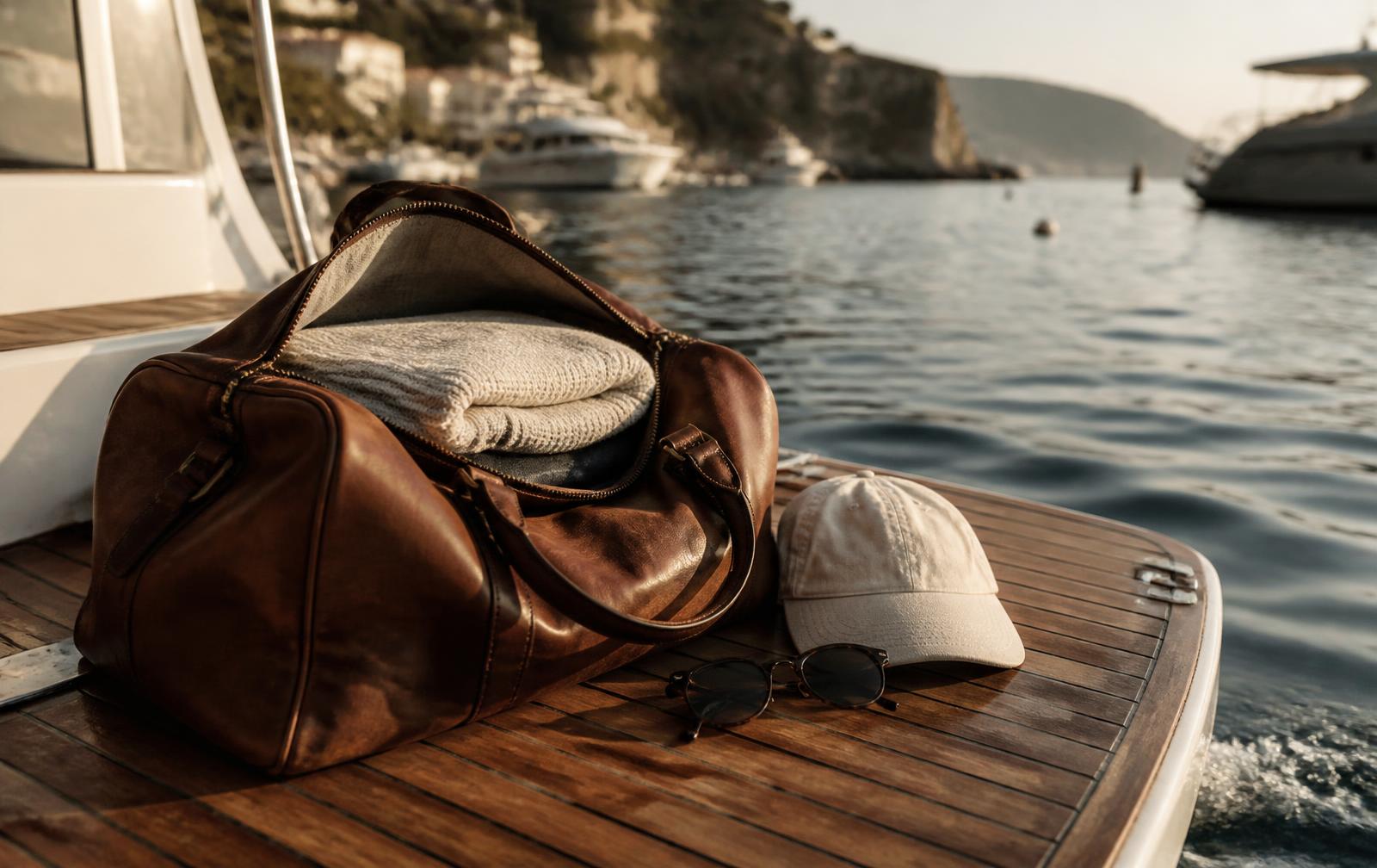 Leather weekender bag, folded knit layer and cap on the teak deck of a boat at a marina