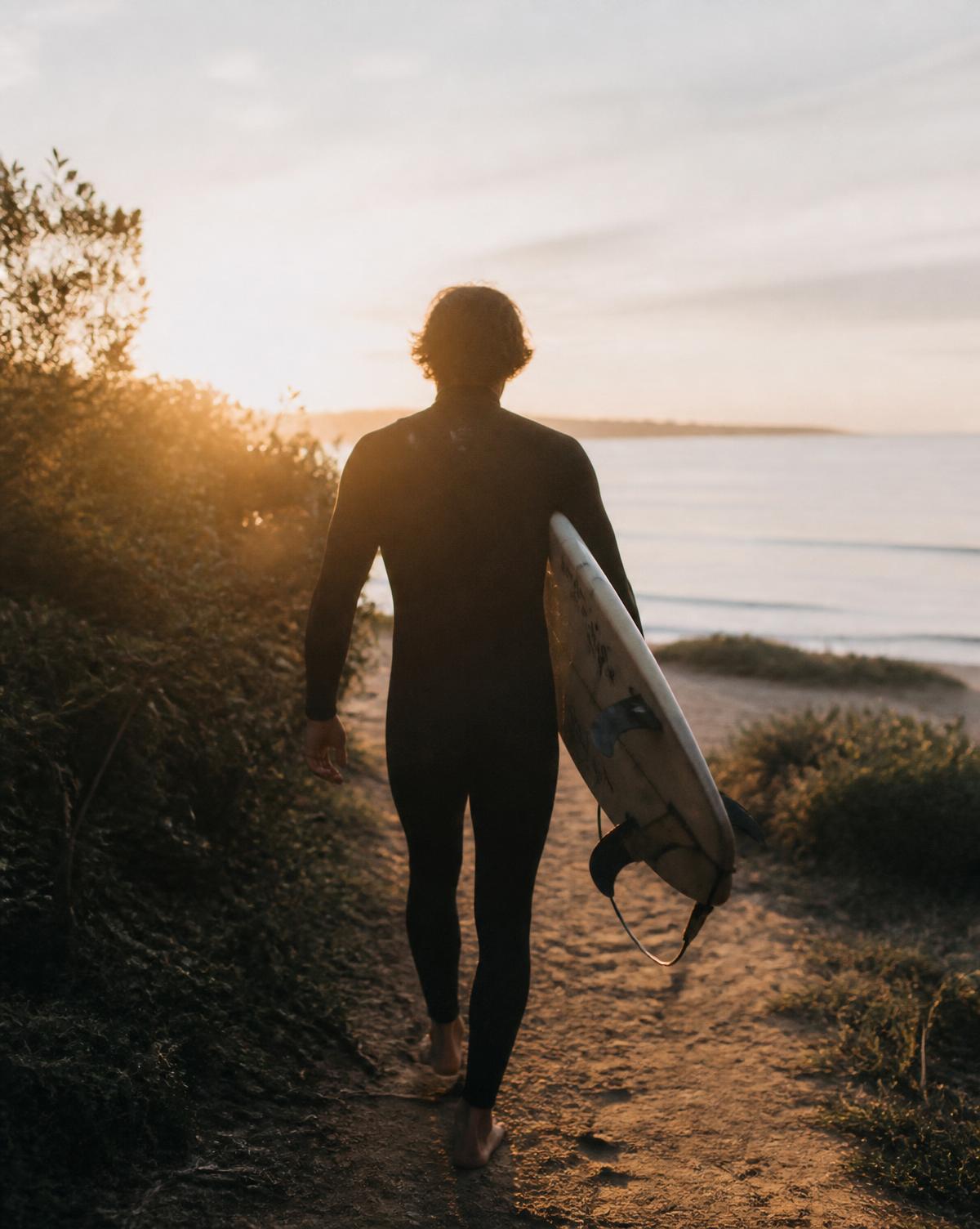 Surfer walking a beach path at sunrise carrying a board