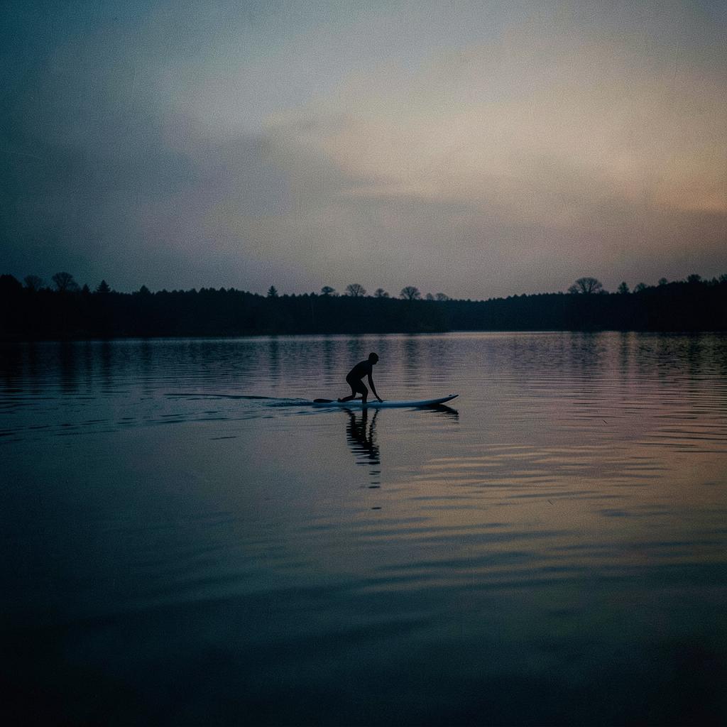 A lone paddler silhouetted on a glassy lake at dusk