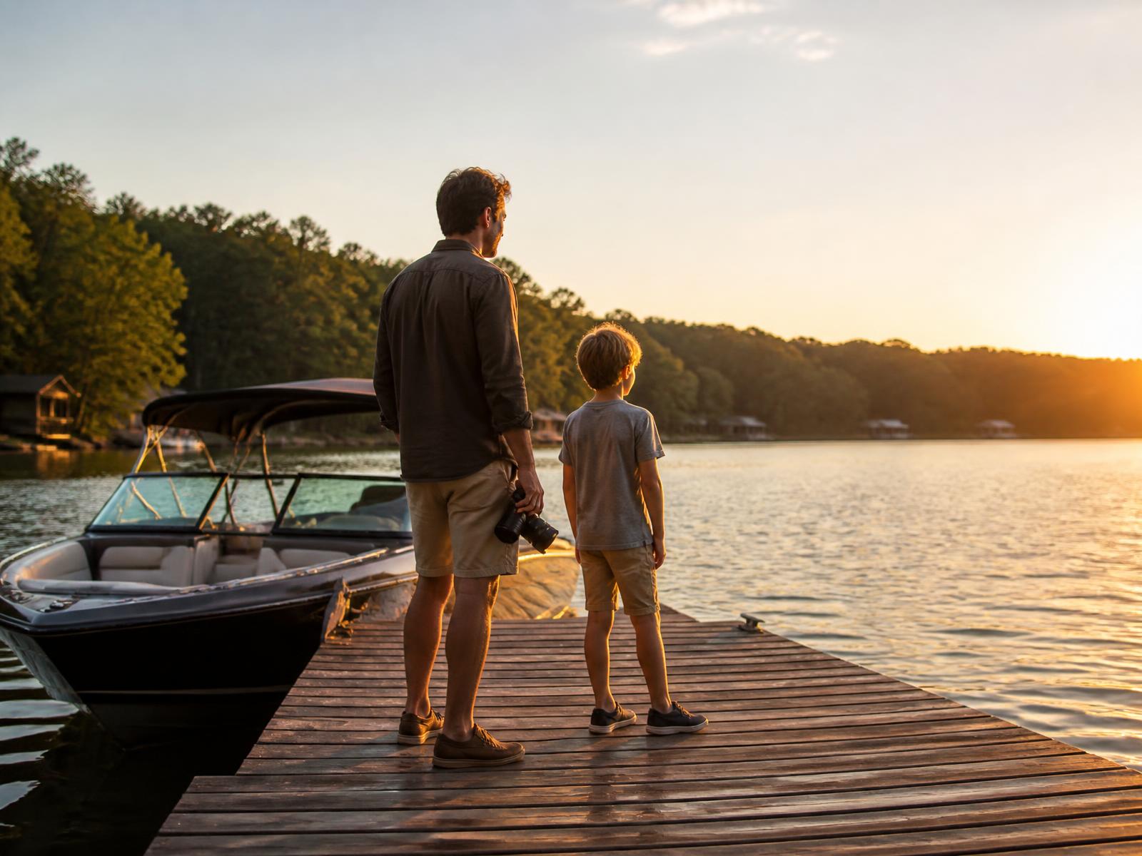 A father and son on the water at the end of the day