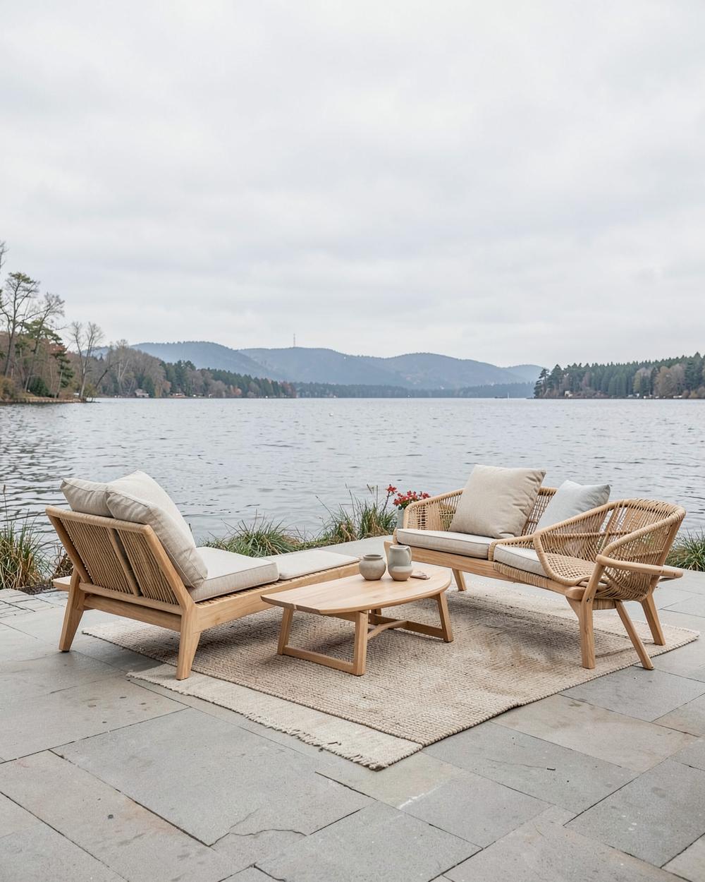 Teak outdoor lounge furniture on a lakeside terrace