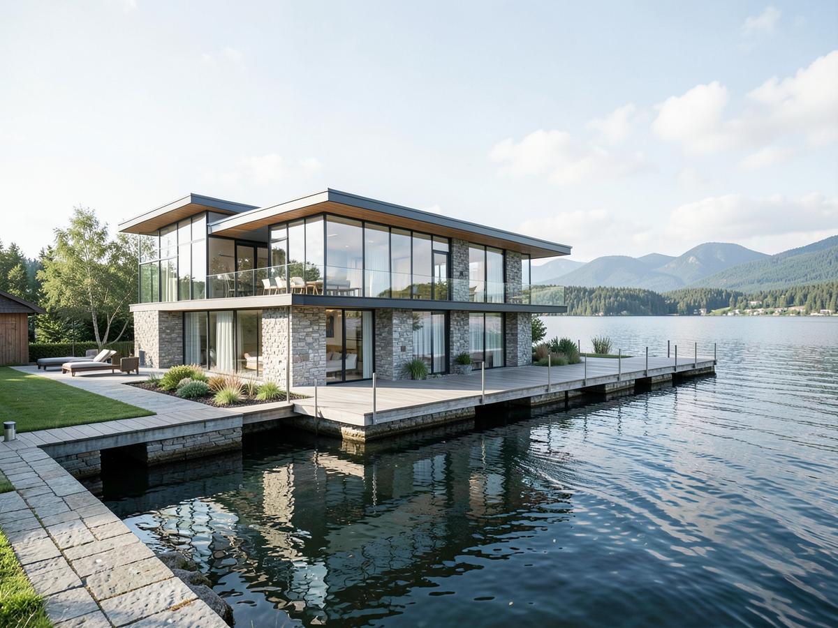 Modern glass and stone lake house at dusk