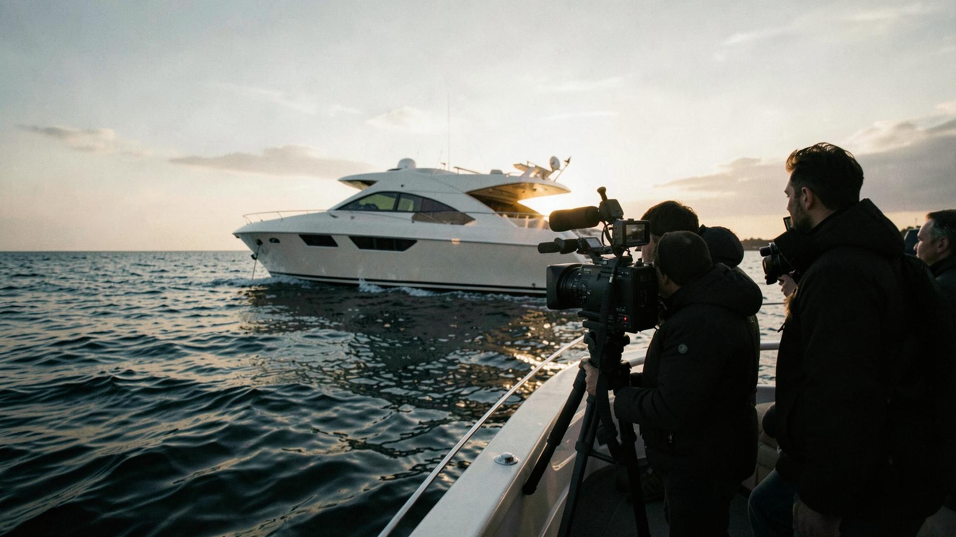 A film crew shooting a boat on open water at golden hour