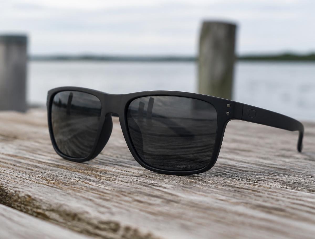 Matte black polarized sunglasses on dock wood