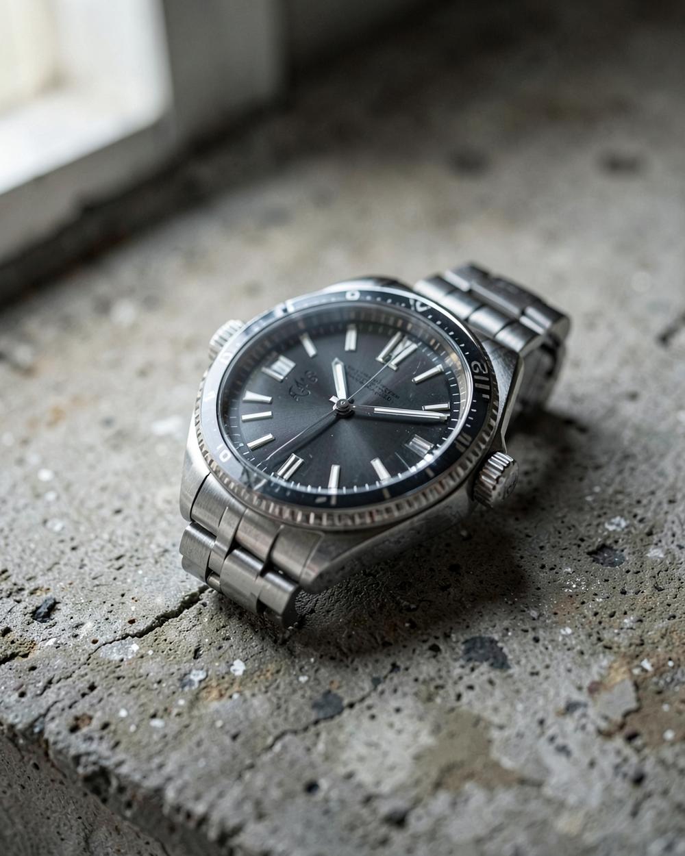 Steel dive watch resting on concrete