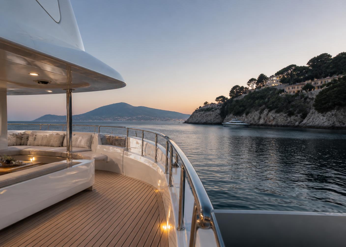Teak deck of a yacht anchored in a quiet cove at dusk