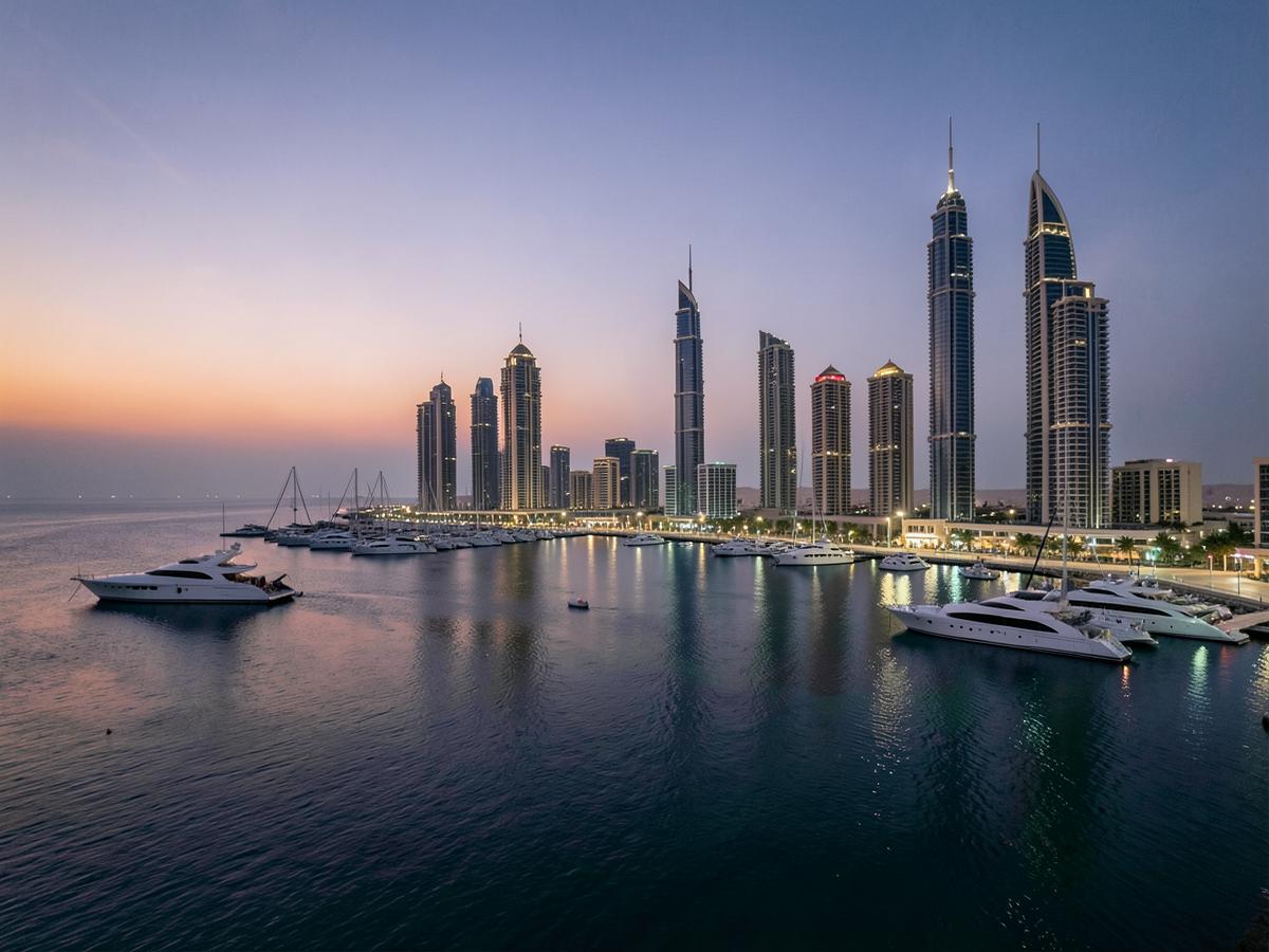 Abu Dhabi waterfront and marina at twilight