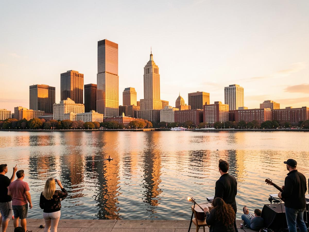 Austin skyline at golden hour across the lake