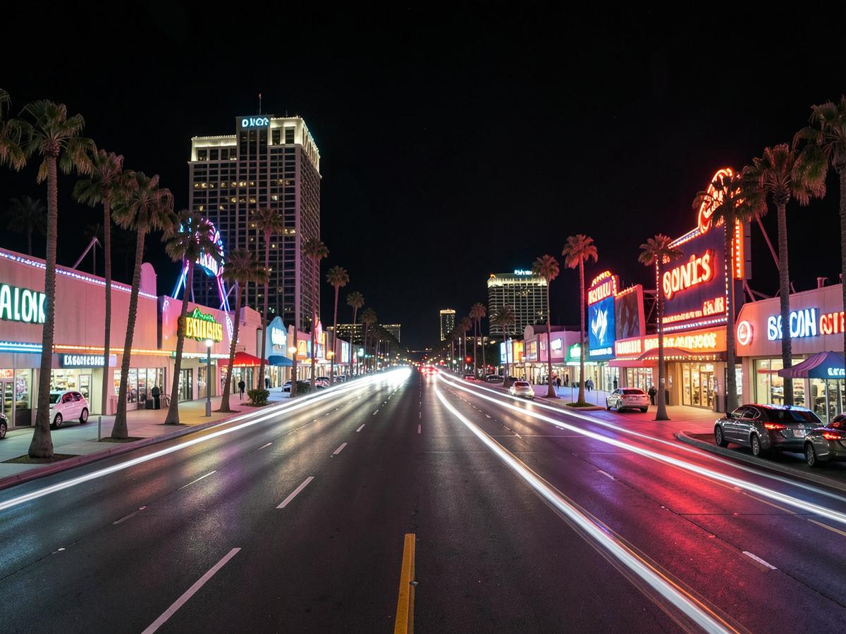 Las Vegas strip at night with light trails