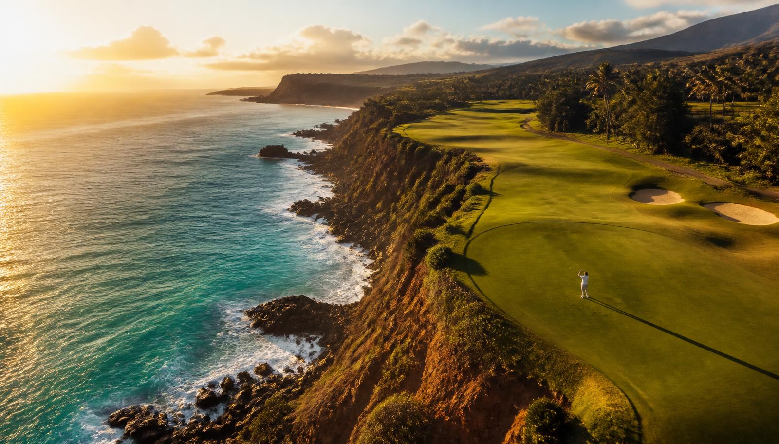 Oceanfront golf course on a cliff above turquoise water at golden hour