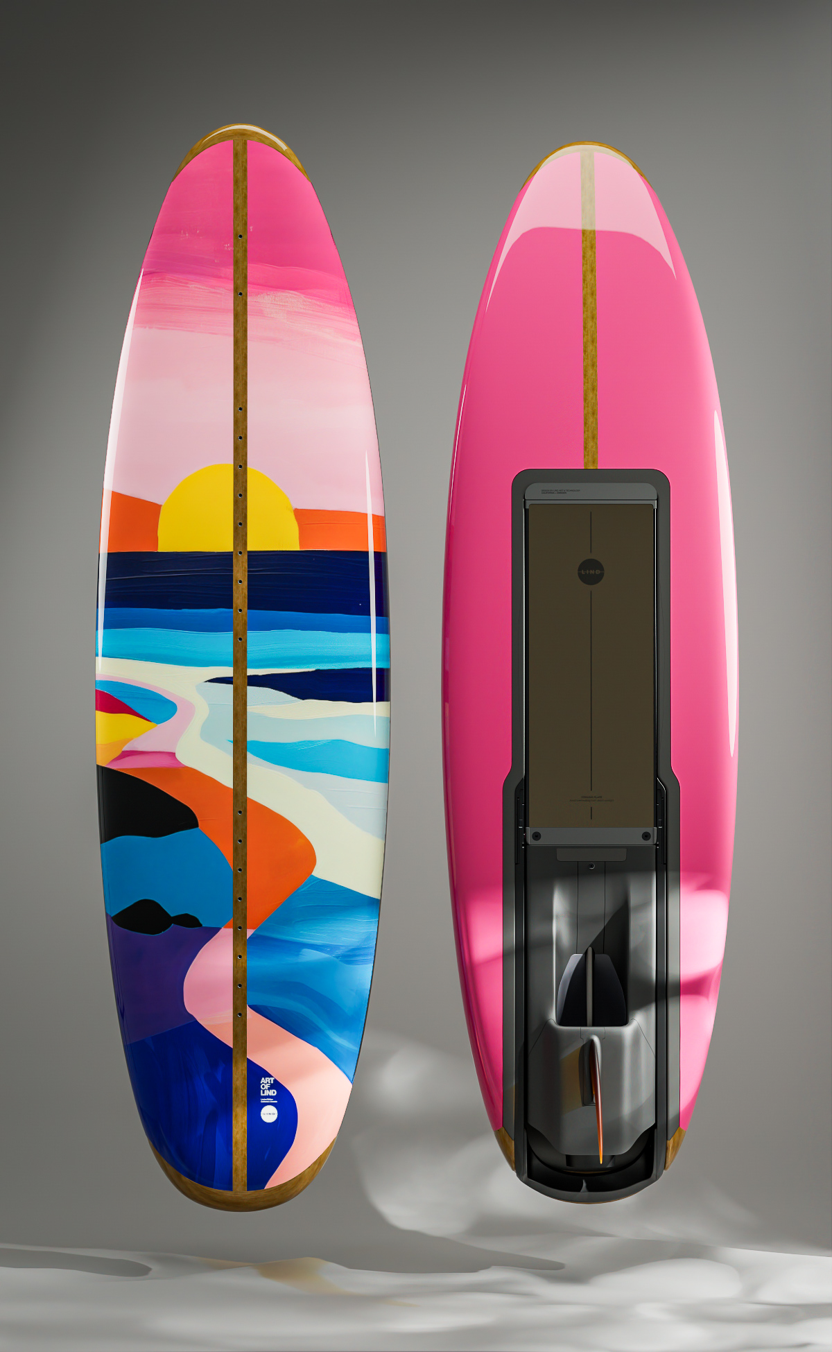 Pair of LIND custom art boards with bold painted designs