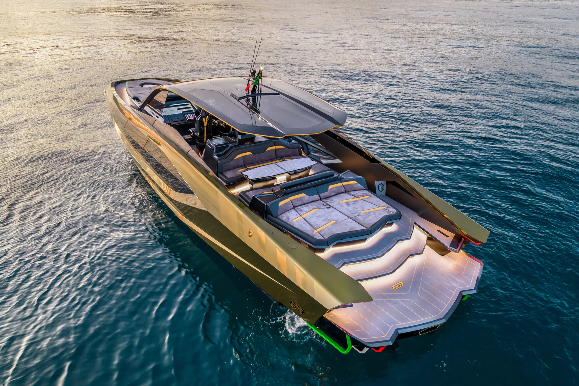 Aerial view of the Tecnomar for Lamborghini 63 showing its angular deck layout