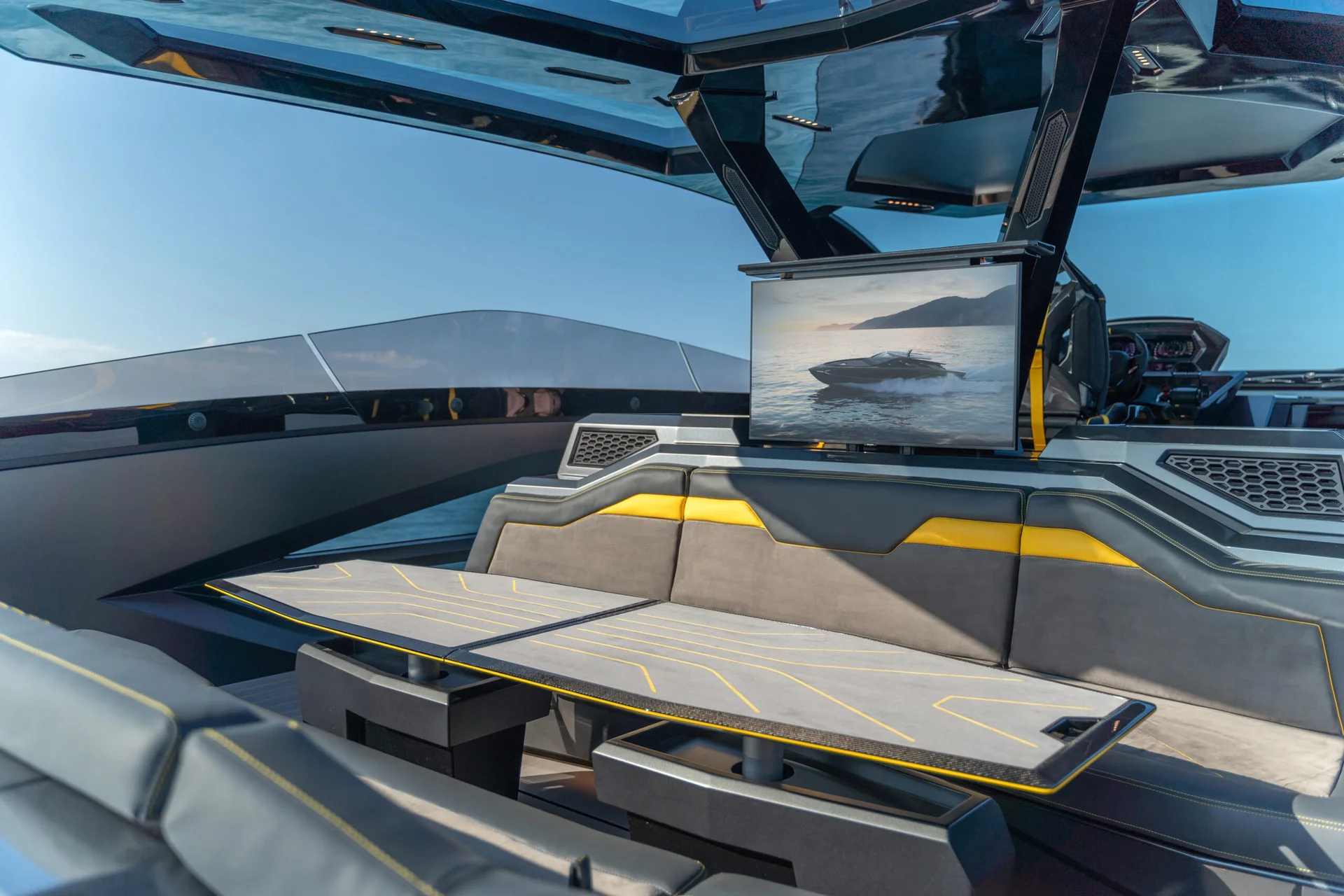 Cockpit and deck seating of the Tecnomar for Lamborghini 63 seen from aft
