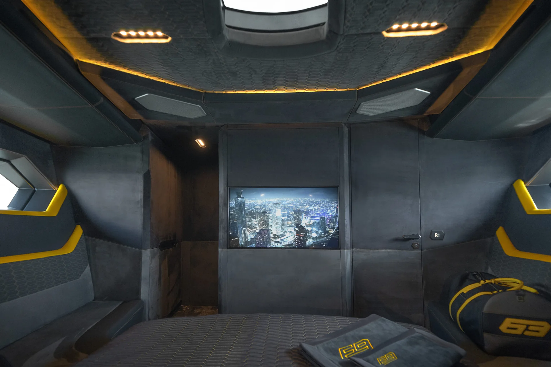 Interior of the Tecnomar for Lamborghini 63 with hexagonal geometry and yellow accents
