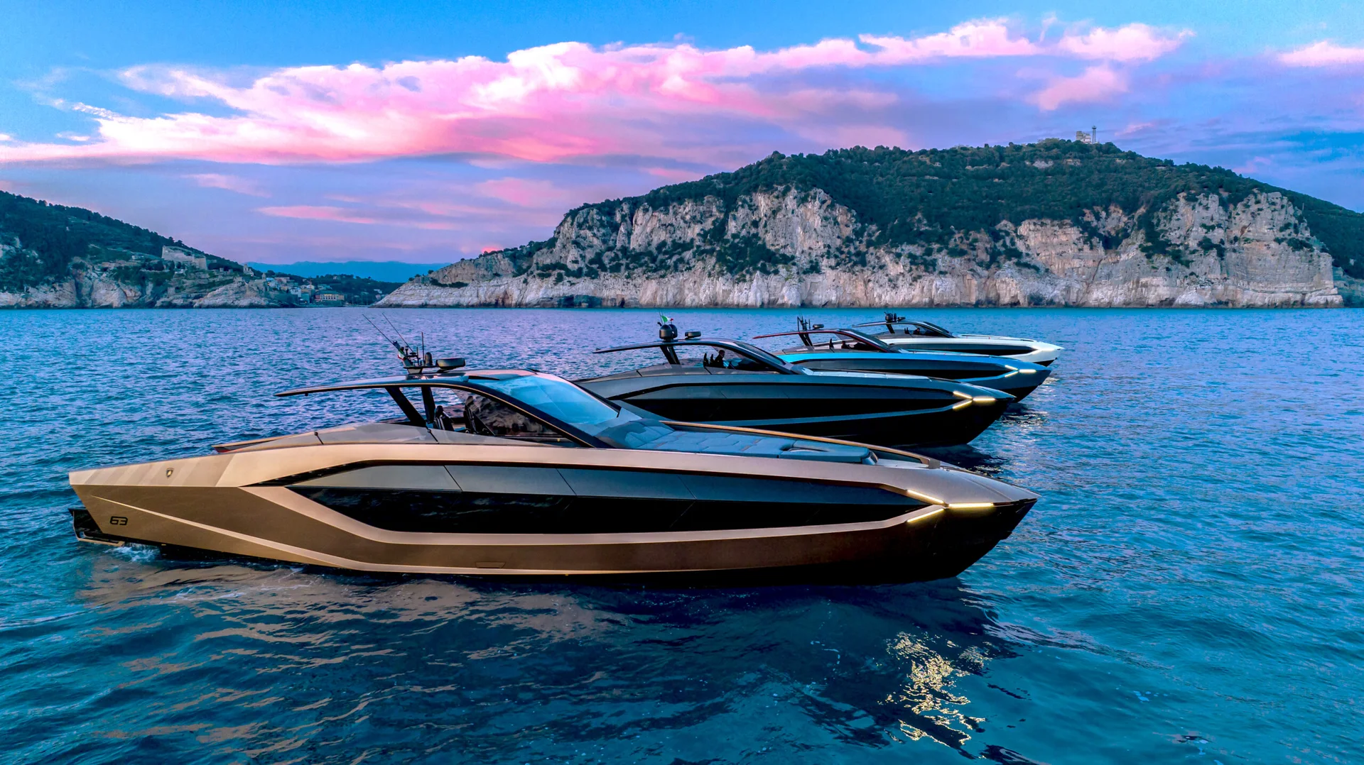 Profile view of the Tecnomar for Lamborghini 63 at anchor in the Mediterranean
