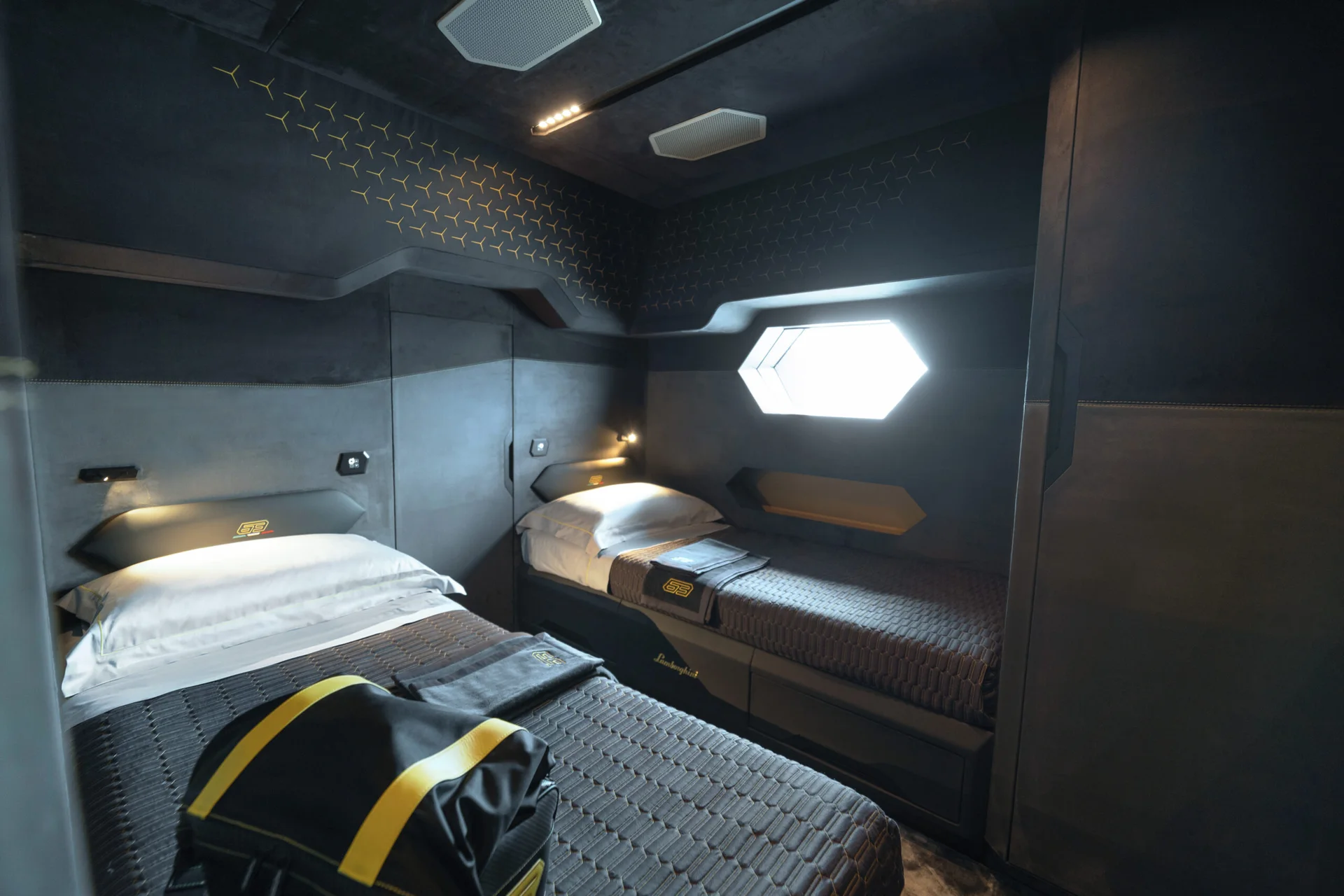 Angular deck and lounging area aboard the Tecnomar for Lamborghini 63