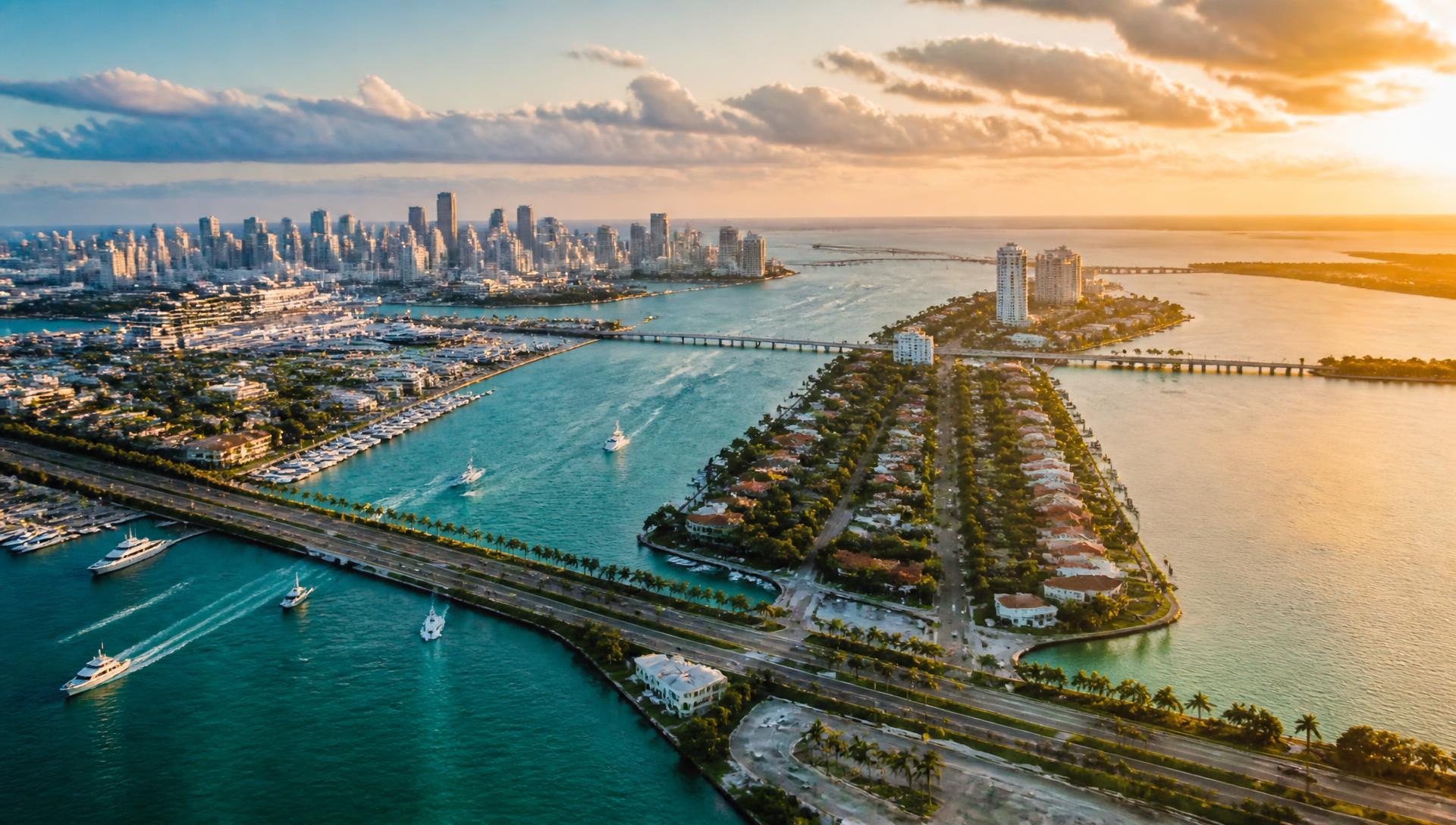 Wide aerial view of the Miami waterfront at golden hour with boats and skyline