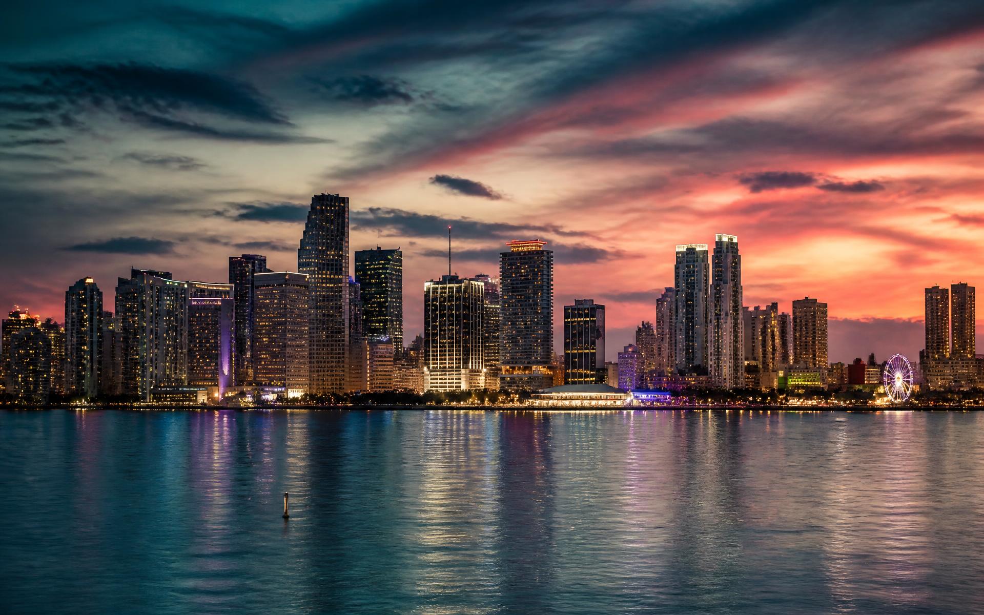 Miami skyline at dusk seen across Biscayne Bay