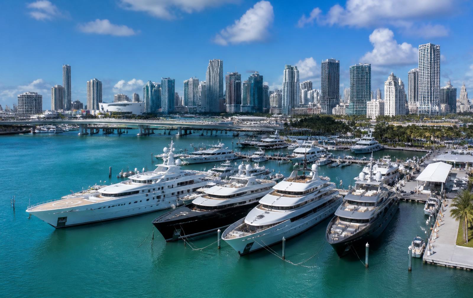 Yachts moored on Biscayne Bay with the Miami skyline behind