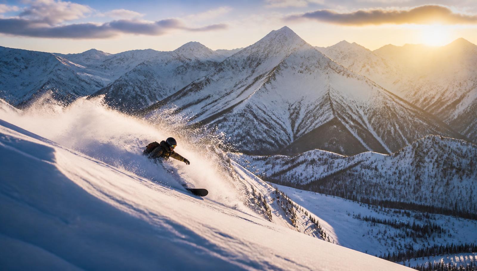 Snowboarder riding powder with a dramatic alpine backdrop