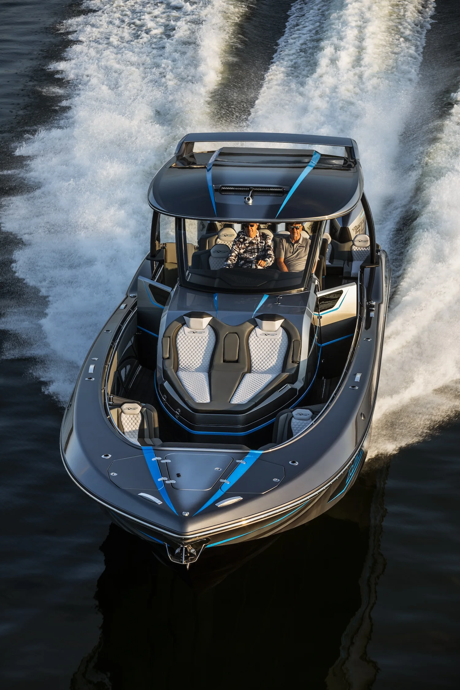 Overhead view of an MTI catamaran showing its twin-hull form