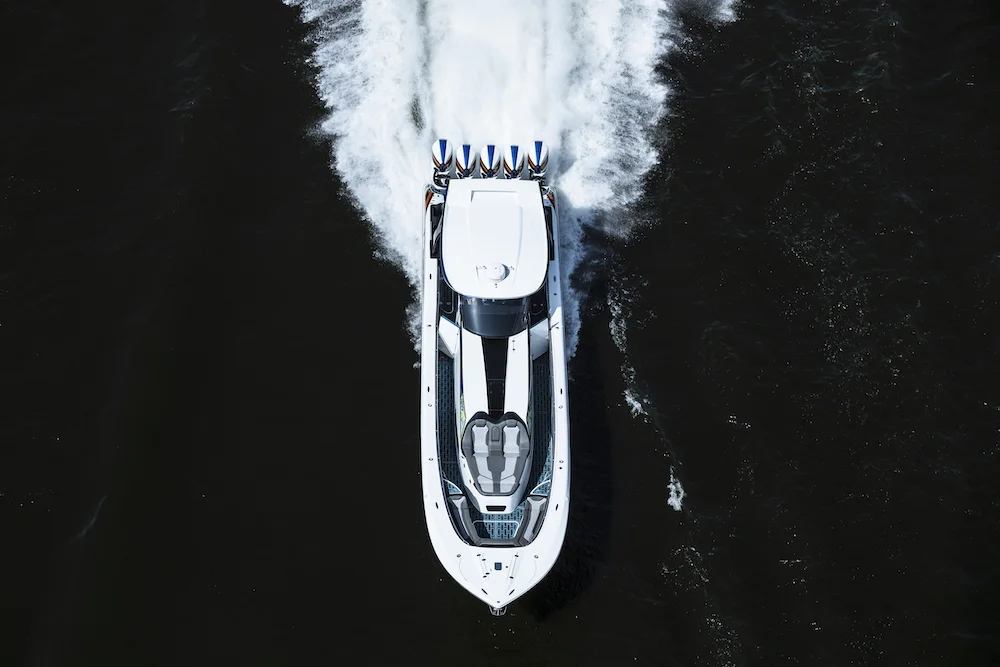 Aerial view of an MTI running flat out with a long wake behind it