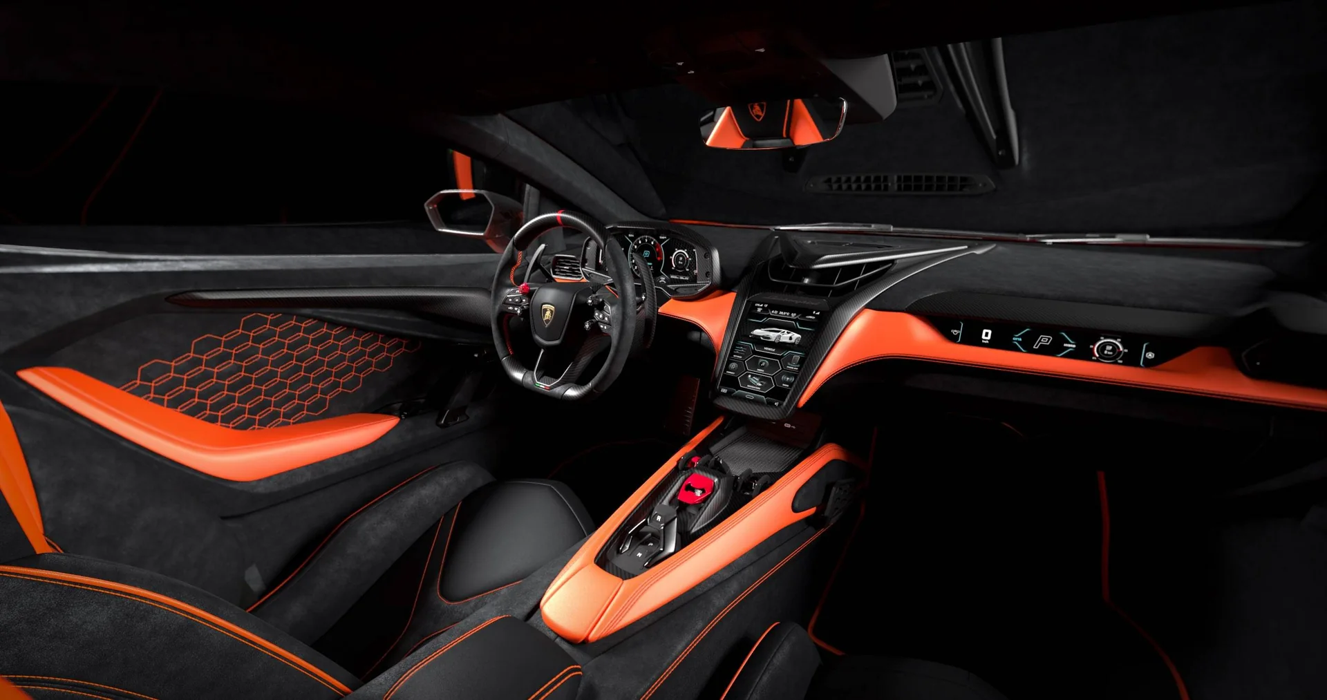 Driver-focused cockpit of the Lamborghini Revuelto with digital displays