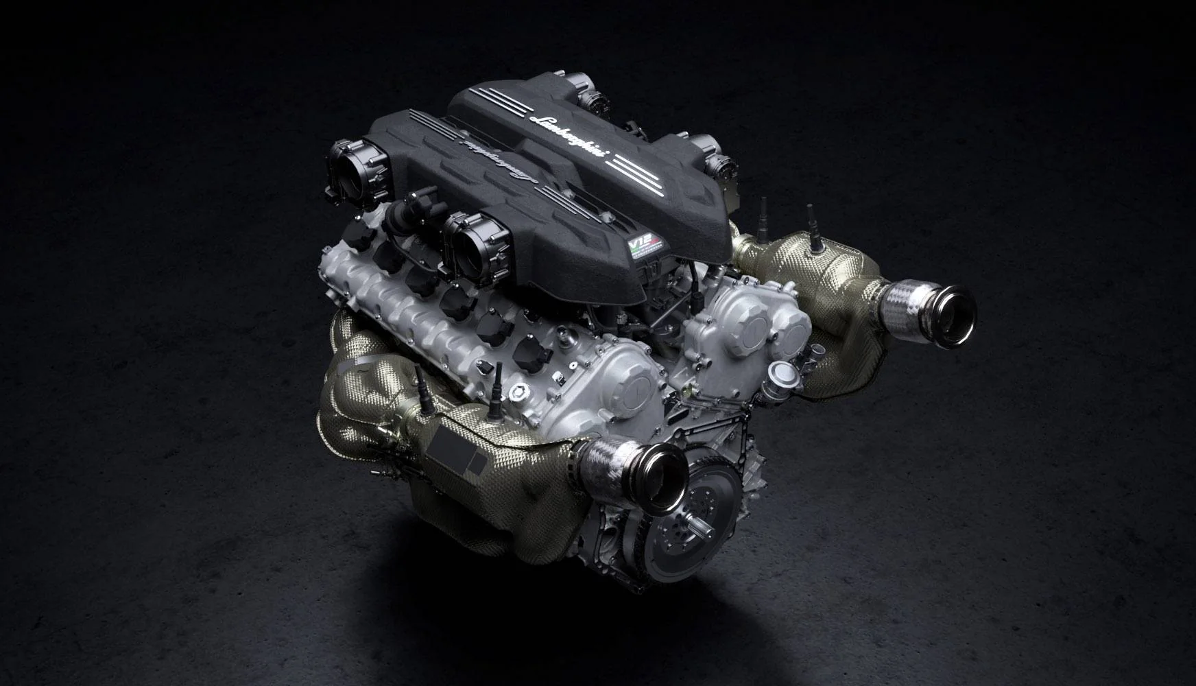 The Revuelto's exposed naturally aspirated 6.5-liter V12 engine on a dark background