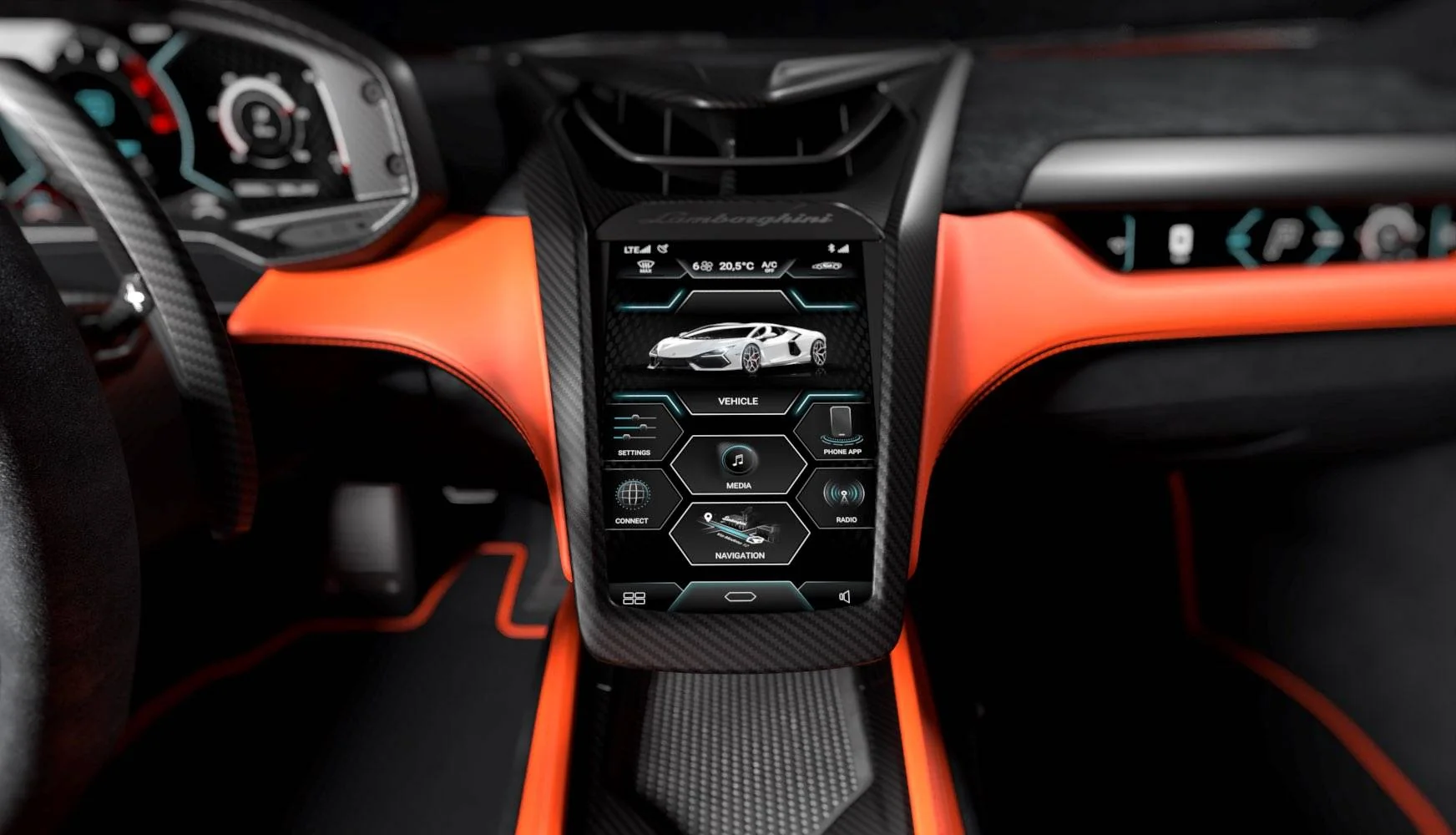 Central touchscreen display in the Lamborghini Revuelto cockpit