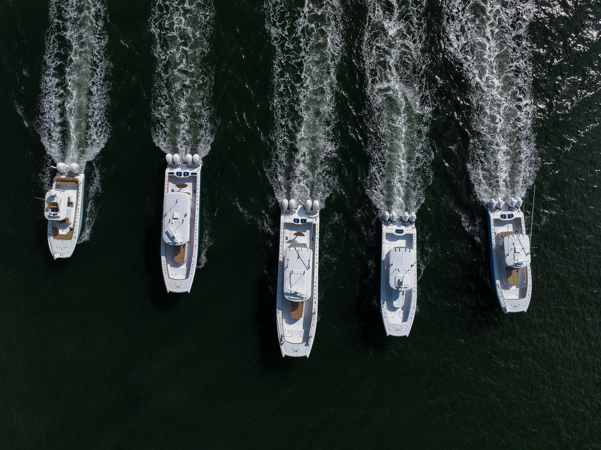 Aerial view of a line of Freeman catamarans running together offshore