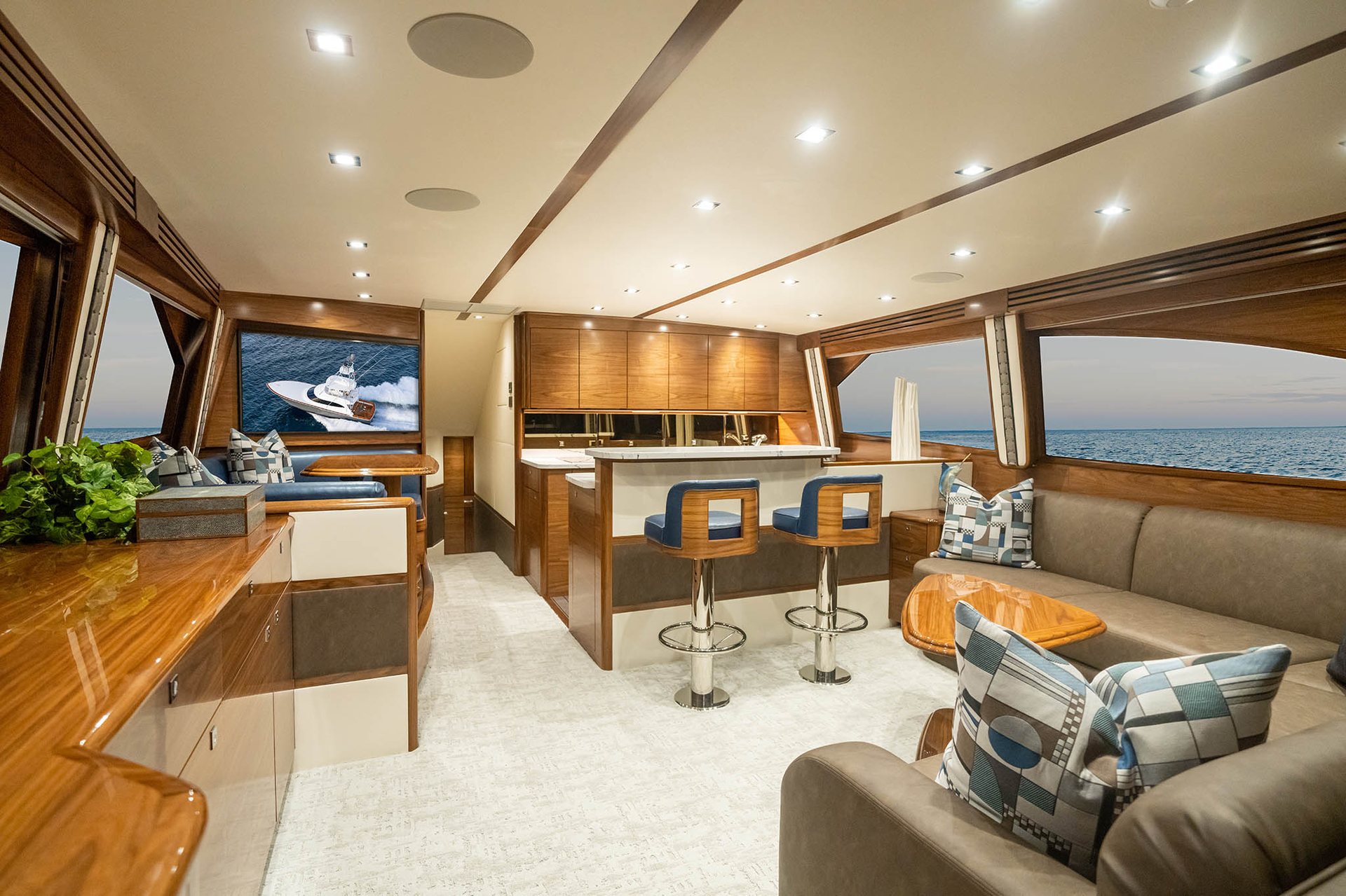 Timber-joinery salon and galley interior of a Viking sportfishing convertible