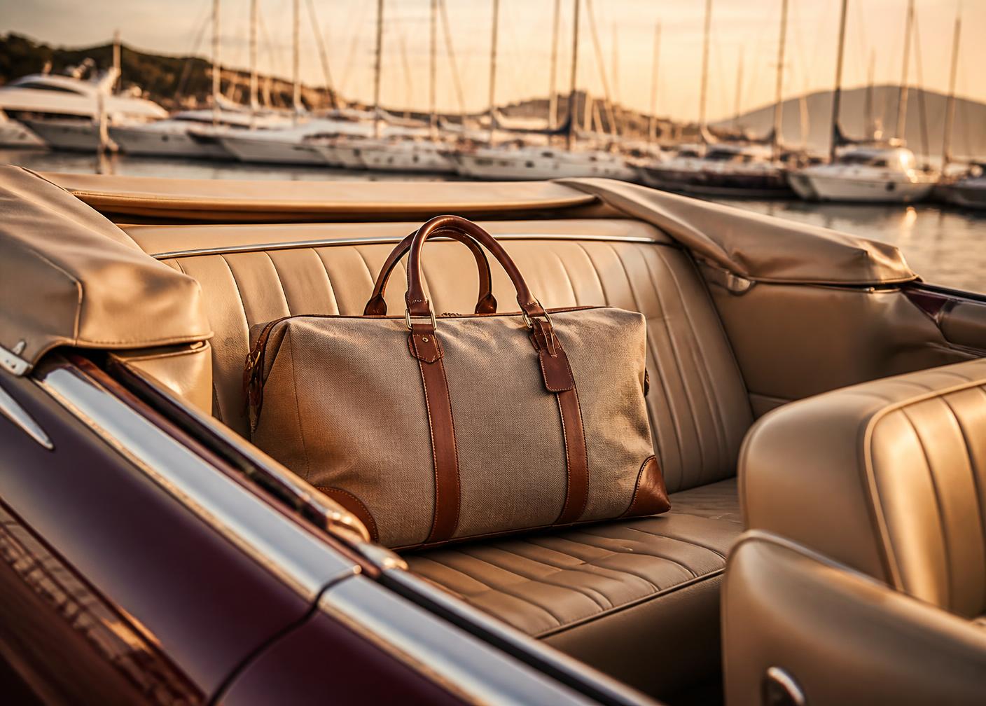 Leather weekender bag beside a vehicle at a marina arrival