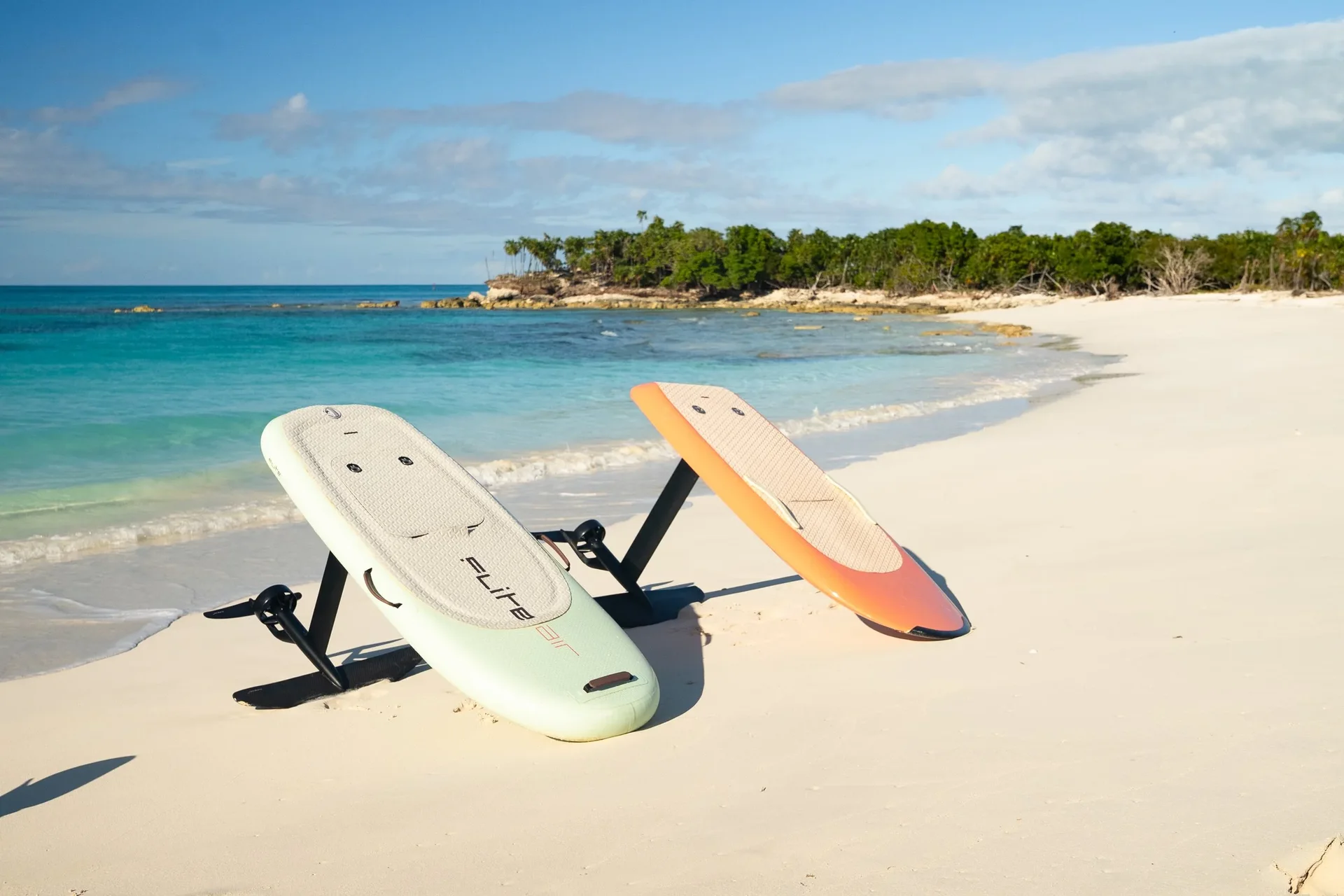 Boards resting on the sand at a quiet beach in Turks and Caicos