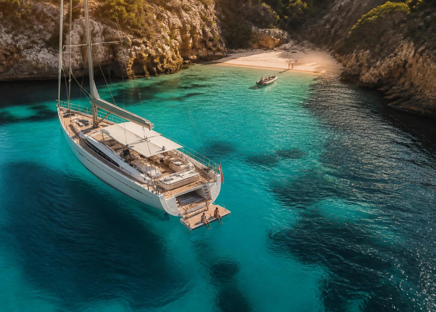 Luxury yacht anchored in a secluded turquoise cove with guests on the swim platform